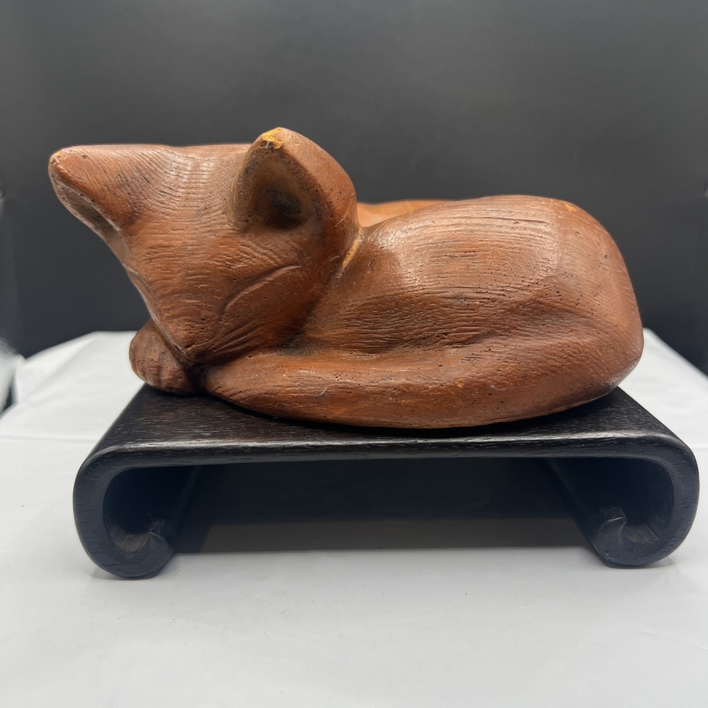 Vintage DEZ Hand Carved Solid Wood Sleeping Cat Kitten Figurine Sculpture MCM